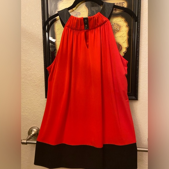 Calvin Klein top with black pleather neckline. Size Large. NWT. Tango red - Picture 2 of 5